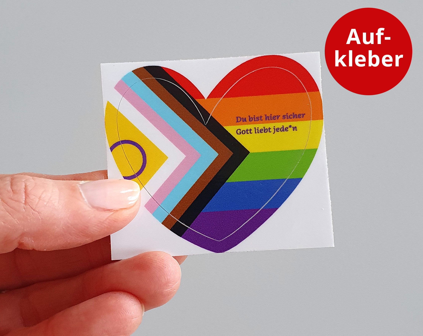 Herz Aufkleber „Hier bist Du sicher. Gott liebt jede*n.“